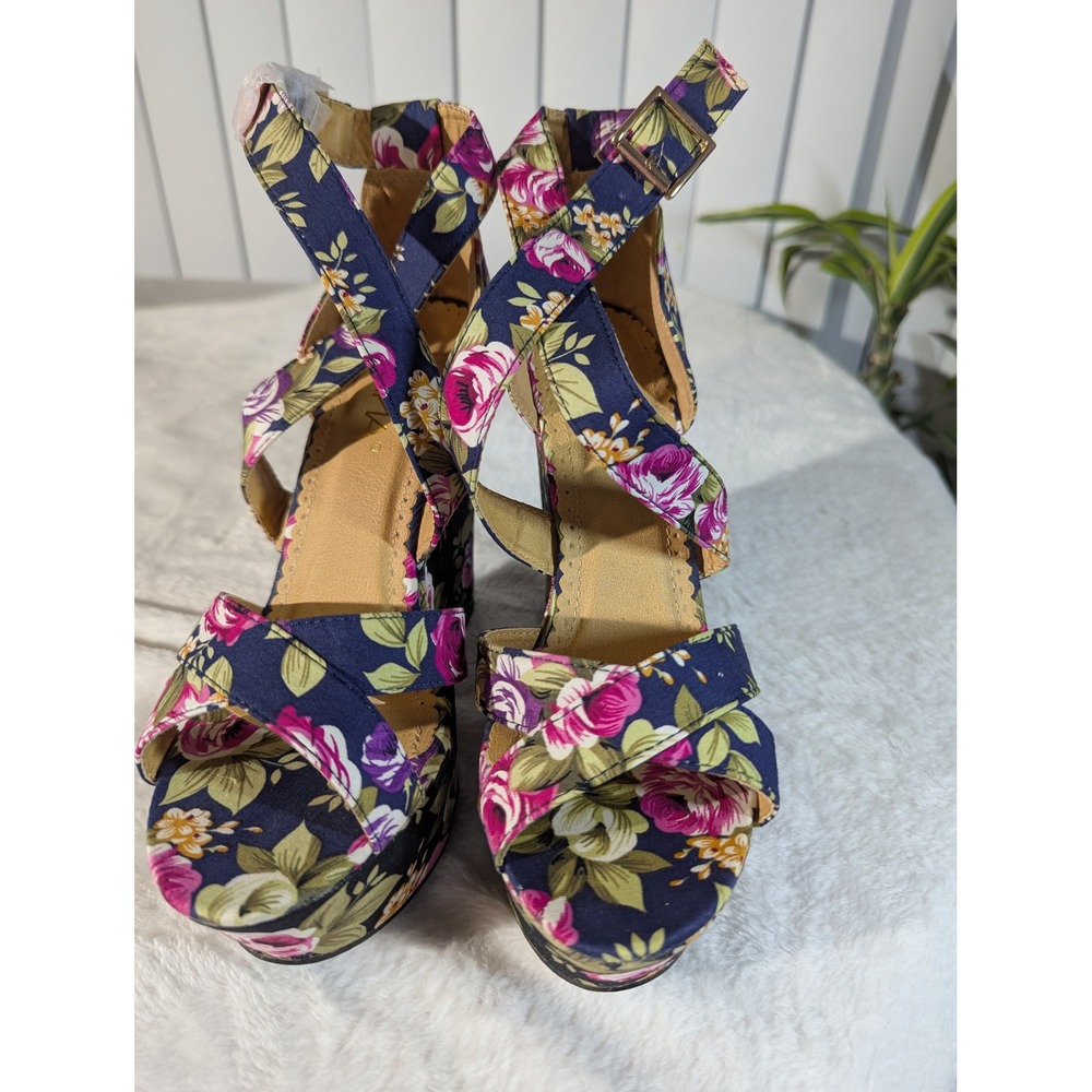 Anna Wedge Sandals Womens 7.5 Navy Floral New Platform Ankle Strap Heels